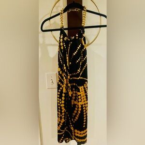 Black Halter Mini Dress with Gold Dot Chain Print